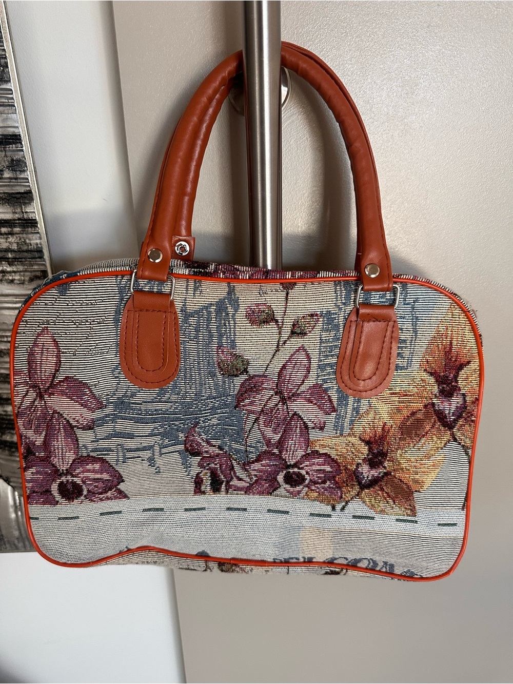 Floral Tapestry Satchel Bag with Tan Trim